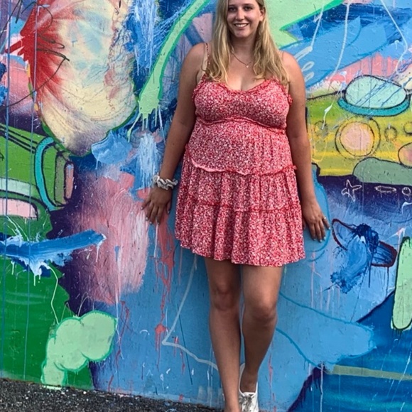 Red Ditsy Floral Tiered Summer Mini Dress Size XL - Picture 5 of 5